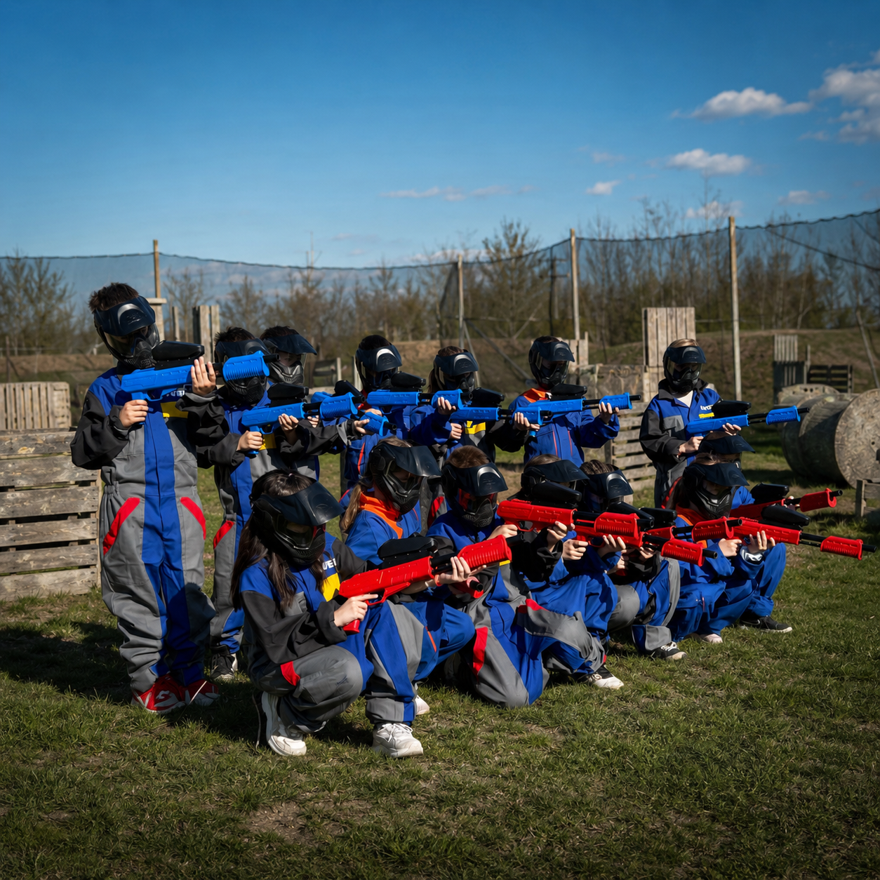 Srećna grupa dece sa paintball maskama