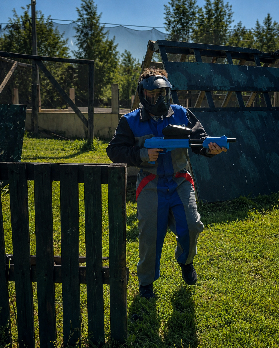 Dete u paintball opremi na terenu